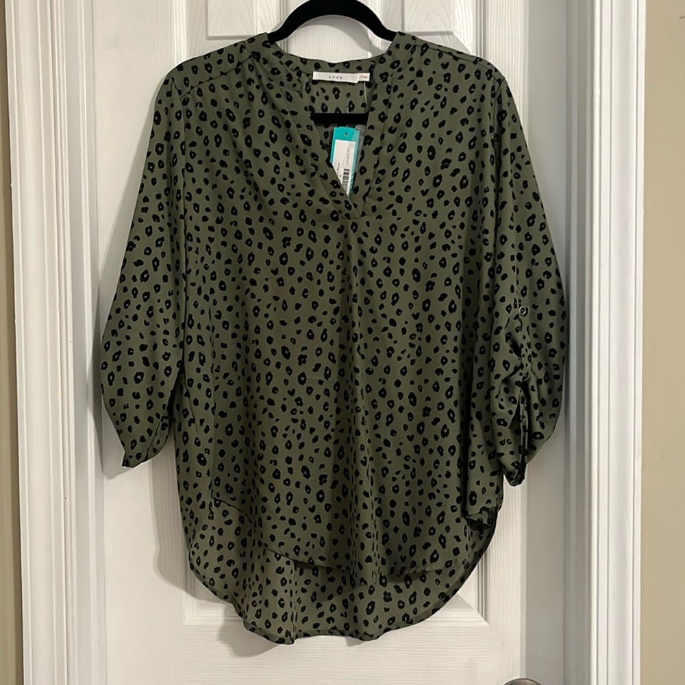 NWT. Lush split neck olive green leopard blouse. Size medium.